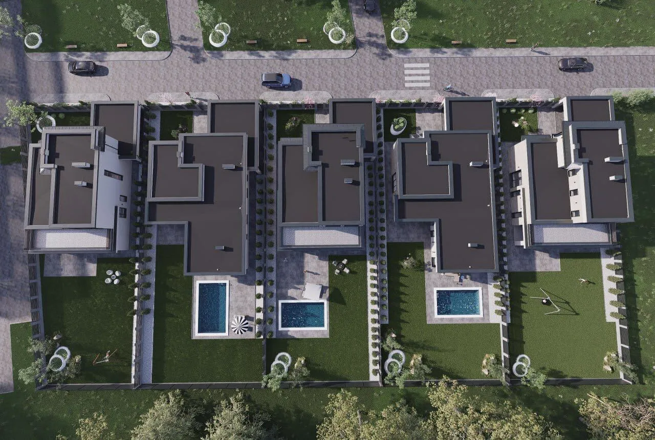 Візуалізація забудовника: окремі котеджі Stone Village згори — будинки, дворики й газони на власних ділянках