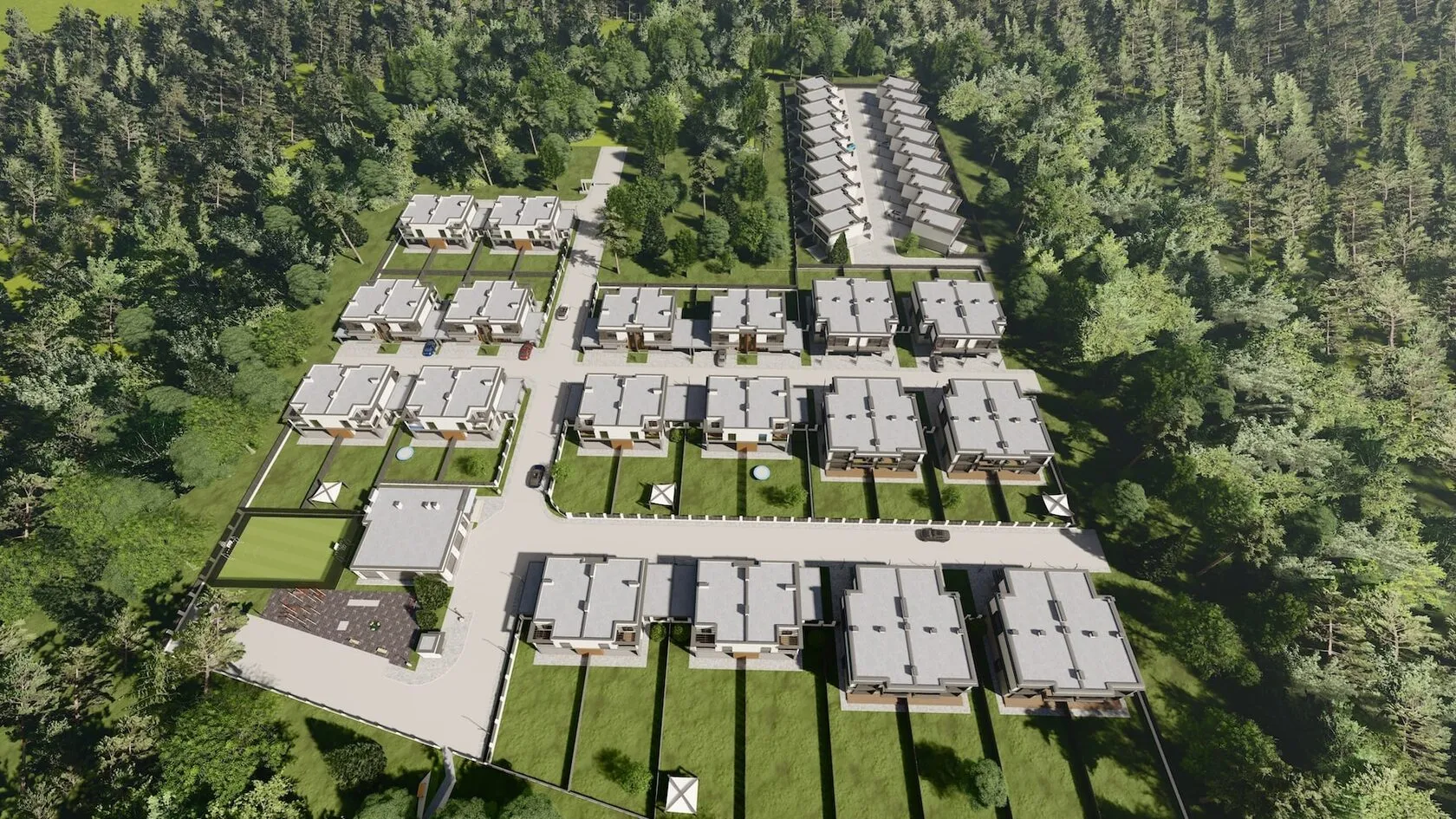 Візуалізація забудовника: вулиці й будинки Stone Village згори, з трьох боків оточені лісом