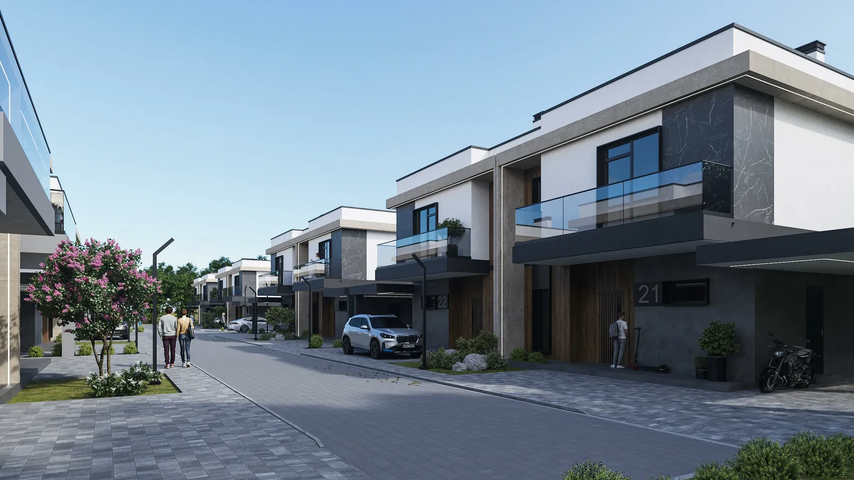 Візуалізація забудовника: вулиця Stone Village з дуплексами, паркомісцями й перехожими