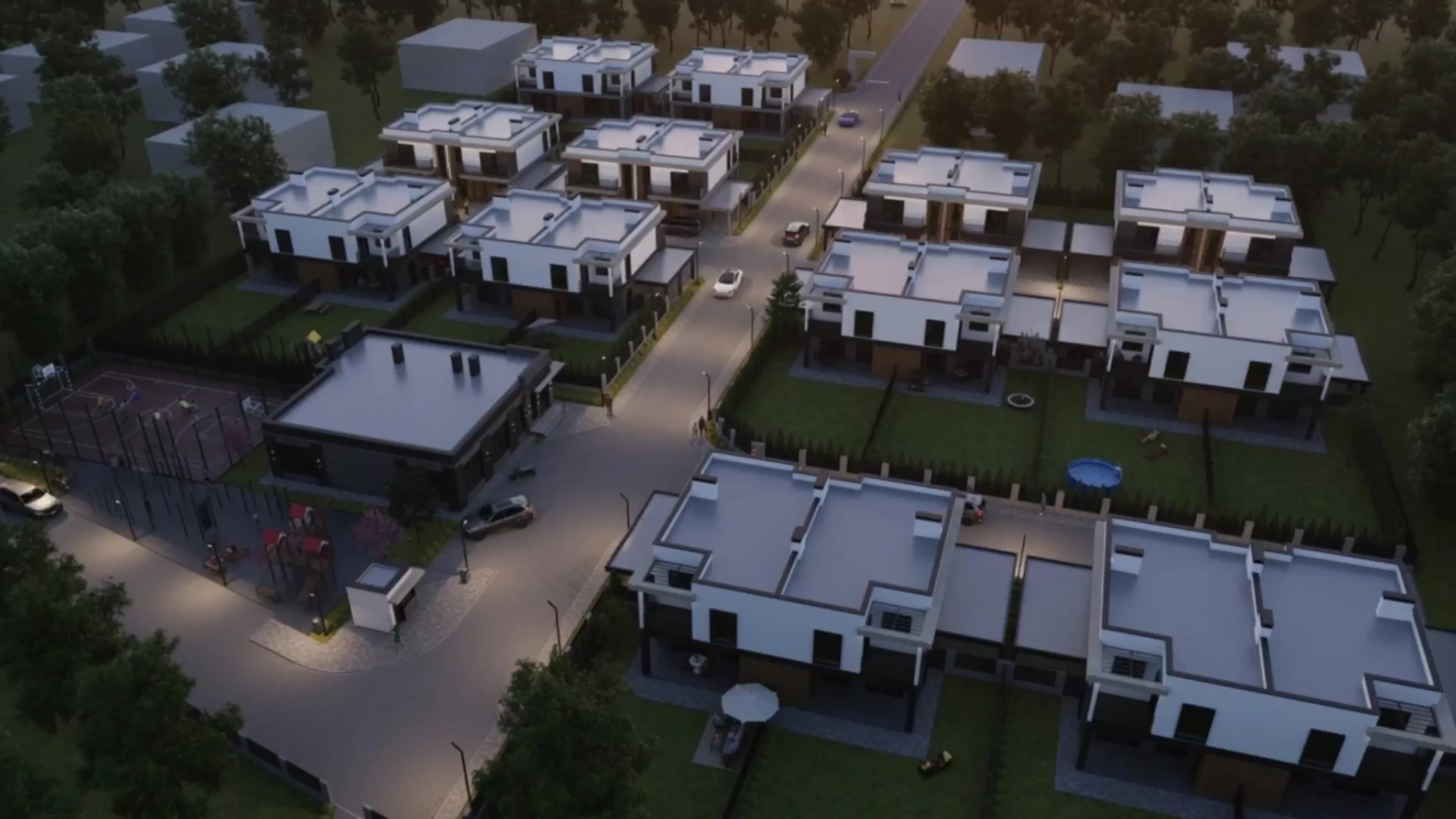 Вечірні вулиці Stone Village згори: двоповерхові будинки з власними дворами біля лісу