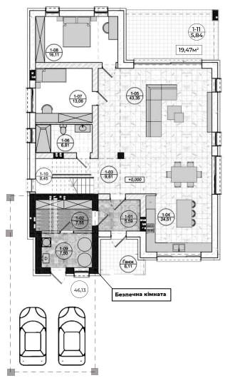План 1-го поверху: котедж 228 м². Вітальня-їдальня 43,4 м², Кухня 24,9 м², Кімната 16,1 м², Кімната 13,1 м², Безпечна кімната, Тераса 19,5 м²