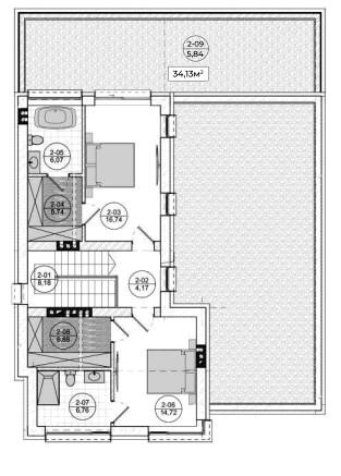 План 2-го поверху: котедж 228 м². Спальня 16,7 м², Спальня 14,7 м², Дві гардеробні 12,6 м², Два санвузли 12,8 м², Відкрита тераса 34,1 м²