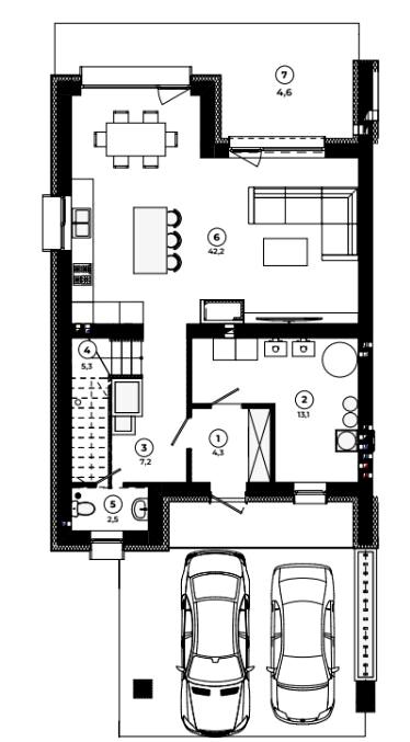 План 1-го поверху: дуплекс 185 м². Кухня-вітальня 42,2 м², Господарське приміщення 13,1 м², Хол і передпокій 11,5 м², Гостьовий санвузол 2,5 м², Тераса 4,6 м²