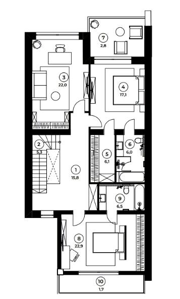 План 2-го поверху: дуплекс 185 м². Головна спальня з балконом 22,9 м², Кабінет або спальня 22,0 м², Спальня з виходом на терасу 17,1 м², Гардеробна 6,1 м², Два санвузли 12,5 м²